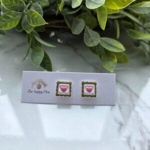 NEW Valentine's Day Pink Heart Stamp Polymer Clay Stud Earrings
